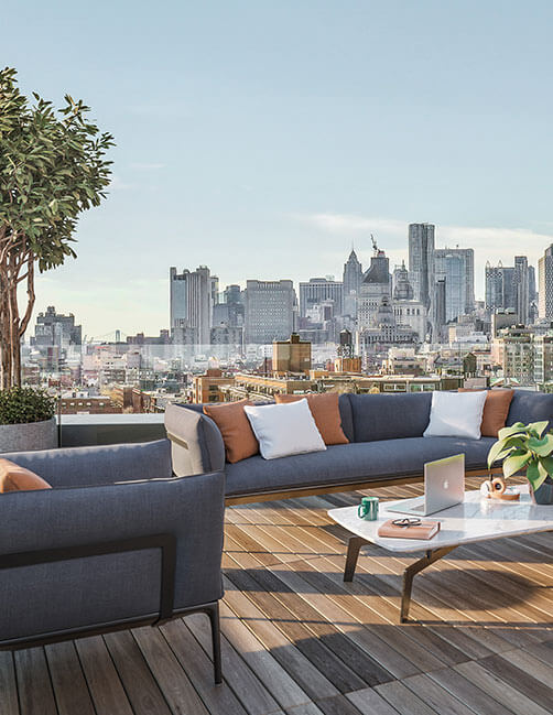 Rooftop lounge area overlooking New York City