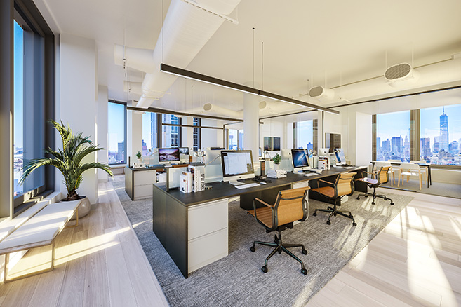 Open concept office area with multiple workstations and city views