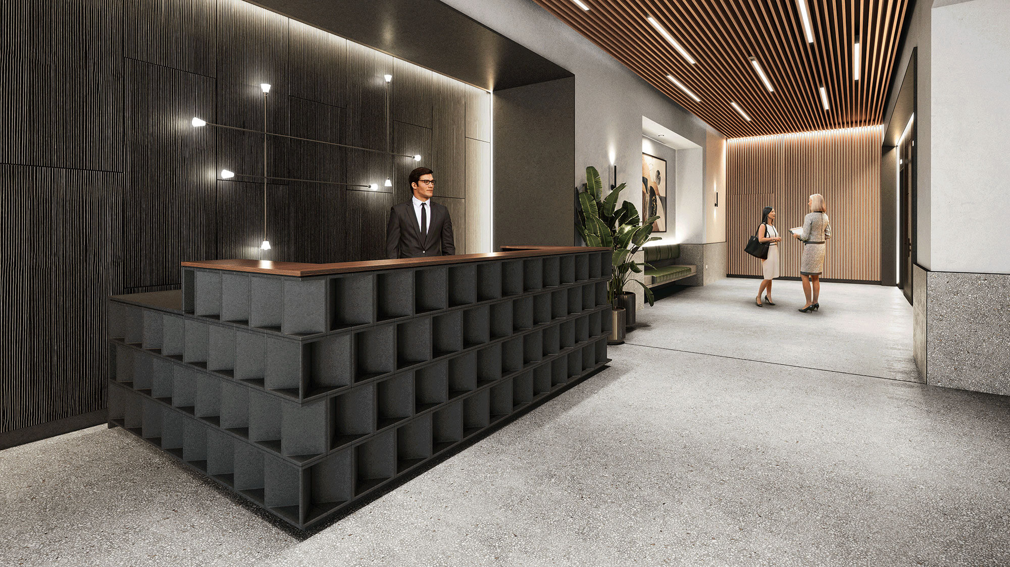 Front desk reception of 360 Bowery with decorative wall and lighting