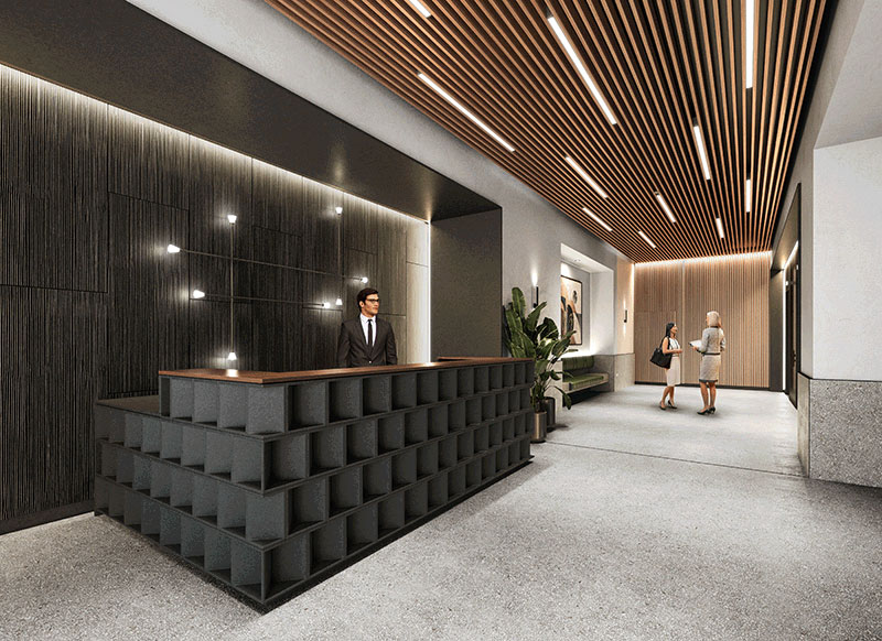 Front desk reception of 360 Bowery with decorative wall and lighting